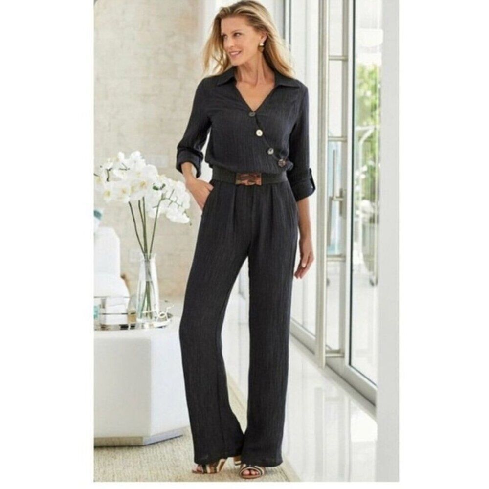 Soft Surroundings Cannes Crinkle Gauze Cotton Black Jumpsuit Size Petite Large